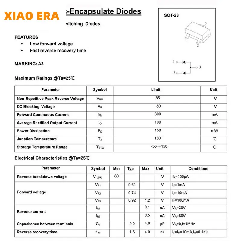 50 штук SMD переключающих транзисторов SOT-23 1SS181 A3 1SS184 B3 1SS226 C3 85В 300мА Электронные компоненты Транзисторные микросхемы.