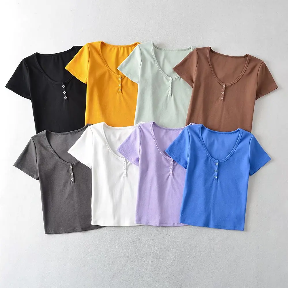 

Summer Woman Crop Top Three Button Basic Solid Short Sleeve Threaded Tops T-Shirt