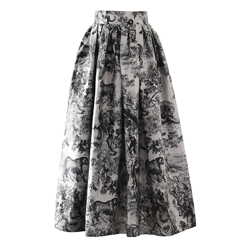 

PHOEBE HZ Elegant Herbene Temperament Slimming A Line Print Puffy Skirt Female Matching Design Inkwash Painting Umbrella Skirt