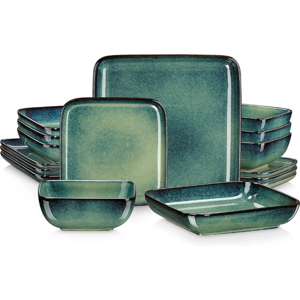 

Квадратная глазурованная посуда с реактивной глазурью, набор посуды из керамики с обеденной тарелкой, десертной тарелкой, чашей и суповыми тарелками для 4