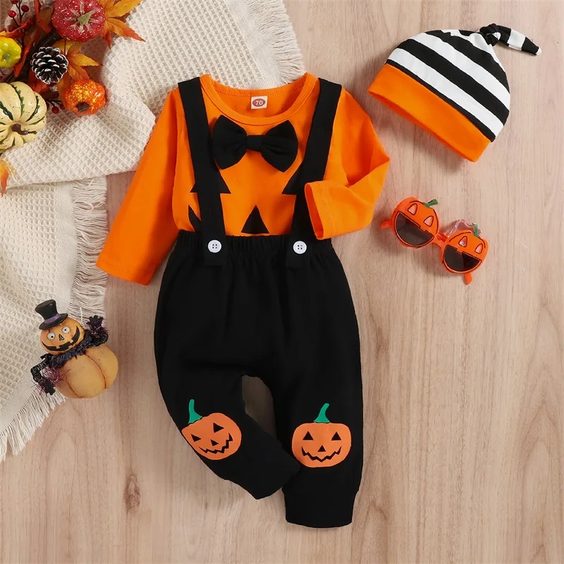 Baby's Halloween Clothes Boys Outfit Sets Orange Long Sleeve Romper Pumpkin Print Suspender Pants Hat Children's Clothing Set