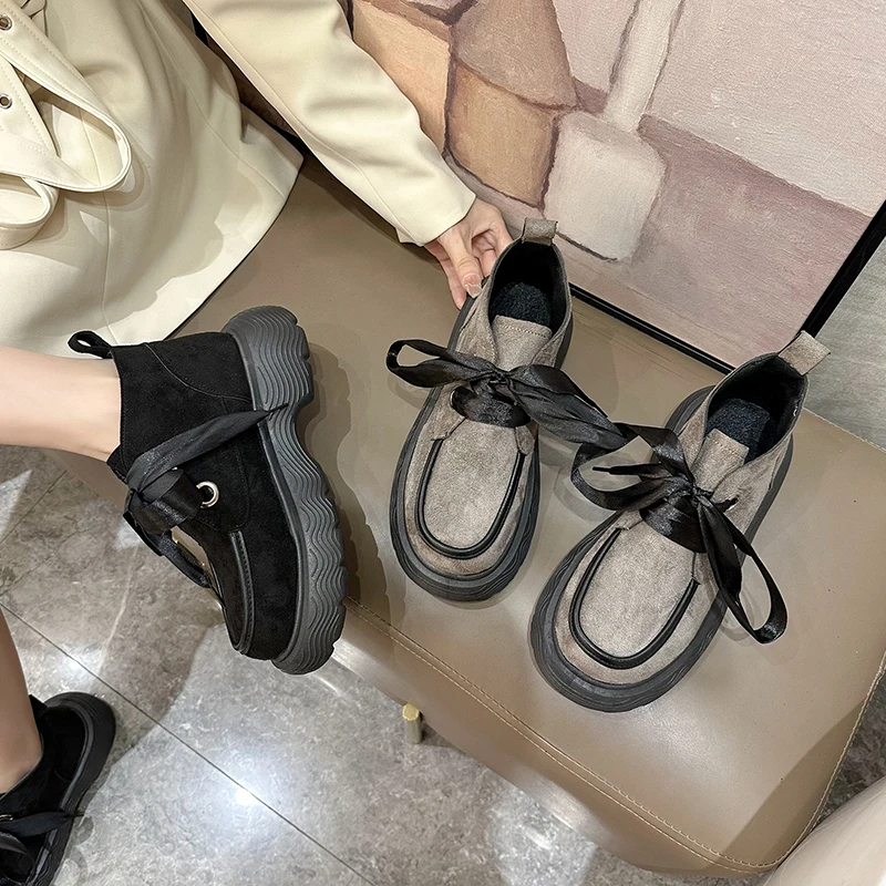 

Женские ботинки на шнуровке, Брендовая женская обувь, женские ботинки с круглым носком, Модные ботильоны из резины, осень 2022, Лолита, Женская...