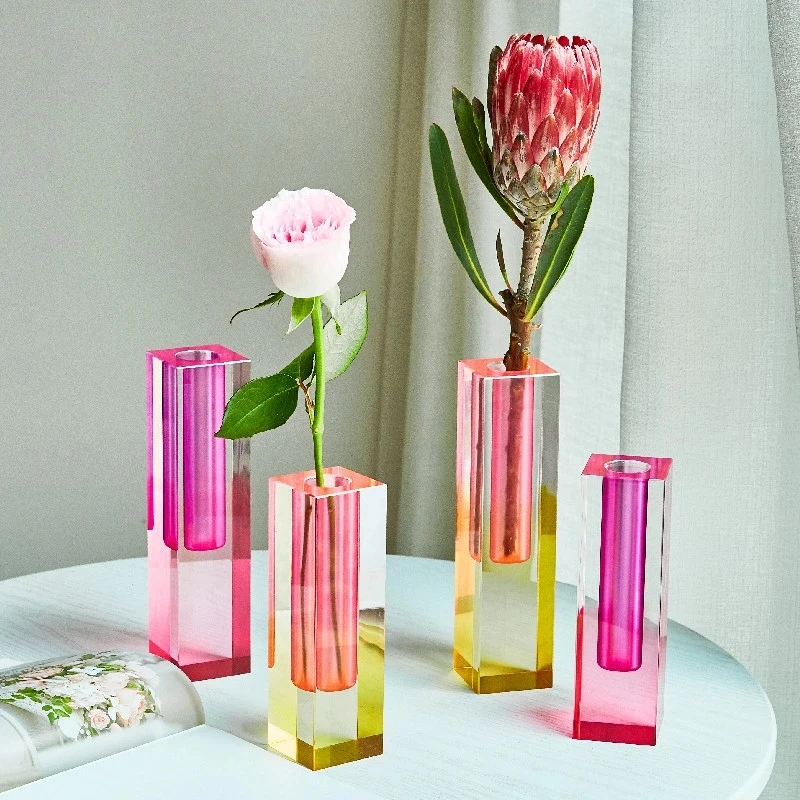 

Modern Rainbow Pillar Bud Flower Vase Table Glass Vases Luxury Decorative Acrylic Crystal Container Nordic Room Home Decoration