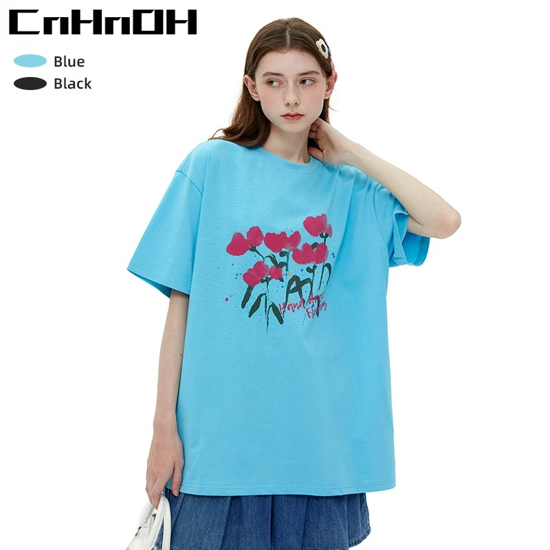 CnHnOH Splashing Ink Flower Couple Dress Summer Top Round Neck Small Country Trend Loose Casual Half Sleeve Men and Women