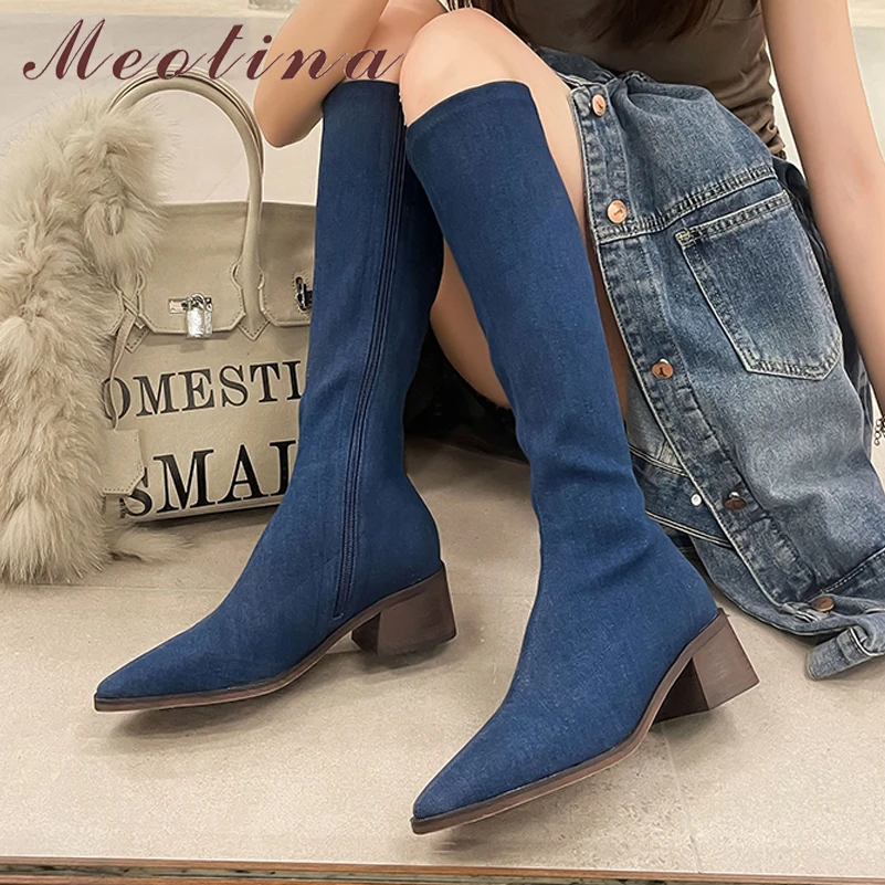 

Женские сапоги до колена Meotina, черные/синие сапоги на толстом среднем каблуке, с круглым носком, на молнии, Осень-зима, 40