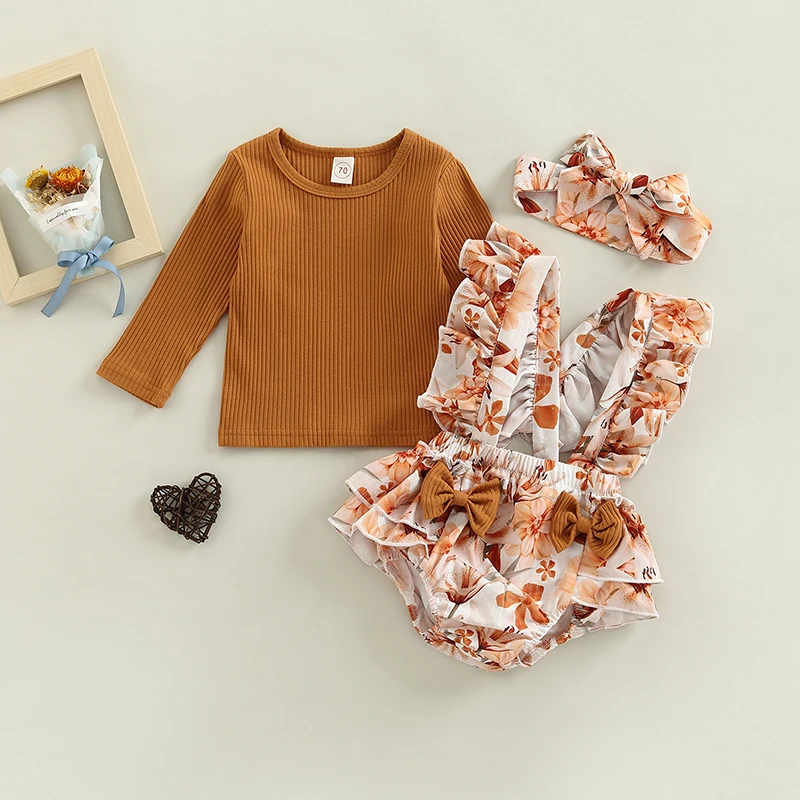 

3Pcs Infant Baby Girl Jumpsuit Outfits Set Ribbed Long Sleeve Knitted Tops Flower Ruffled Suspender Shorts Bow Headband Sets