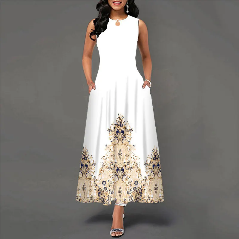 

2023 Women Eelgant Bohemia Long Dress Vintage Big Hem Sleeveless Dot Leopard Printed Slim Dresses Party Maxi Sundress Vestidos
