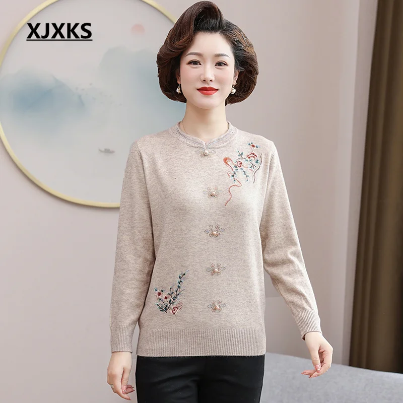 

XJXKS 2023 Spring And Autumn New Loose Oversize Wool Knit Sweater Delicate Embroidery Women's Pullover Fashion With Diamonds