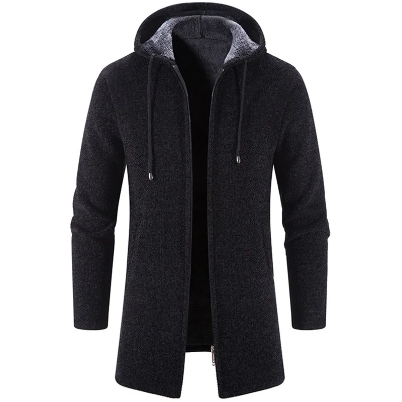 Winter 2023 Fleece Cardigan Men Thick Hooded Long Sweaterscoat Male Warm Knitted Sweater Jackets Men Causal Outwear Windbreaker