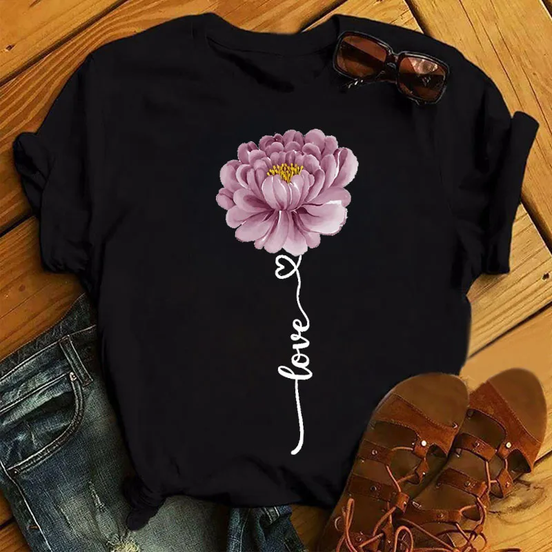 

New Fashion Women Black T Shirt Friends Gift Flower Love Print Cute Tee Shirt Female Harajuku Tops Woman Short Sleeve T-shirts