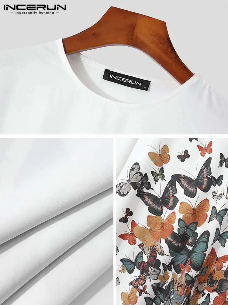 Stylish All-match Simple Men's Long Sleeve Robe Butterfly Printed Kaftan Jubba Thobe Fashion Male Long Abaya INCERUN 2022 S-5XL