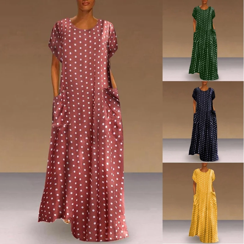 

Summer Short Sleeve Long Dress Round Neck Retro Polka Dot Print Pocket Party Dress Long Dress Women Boho Long Maxi Dress