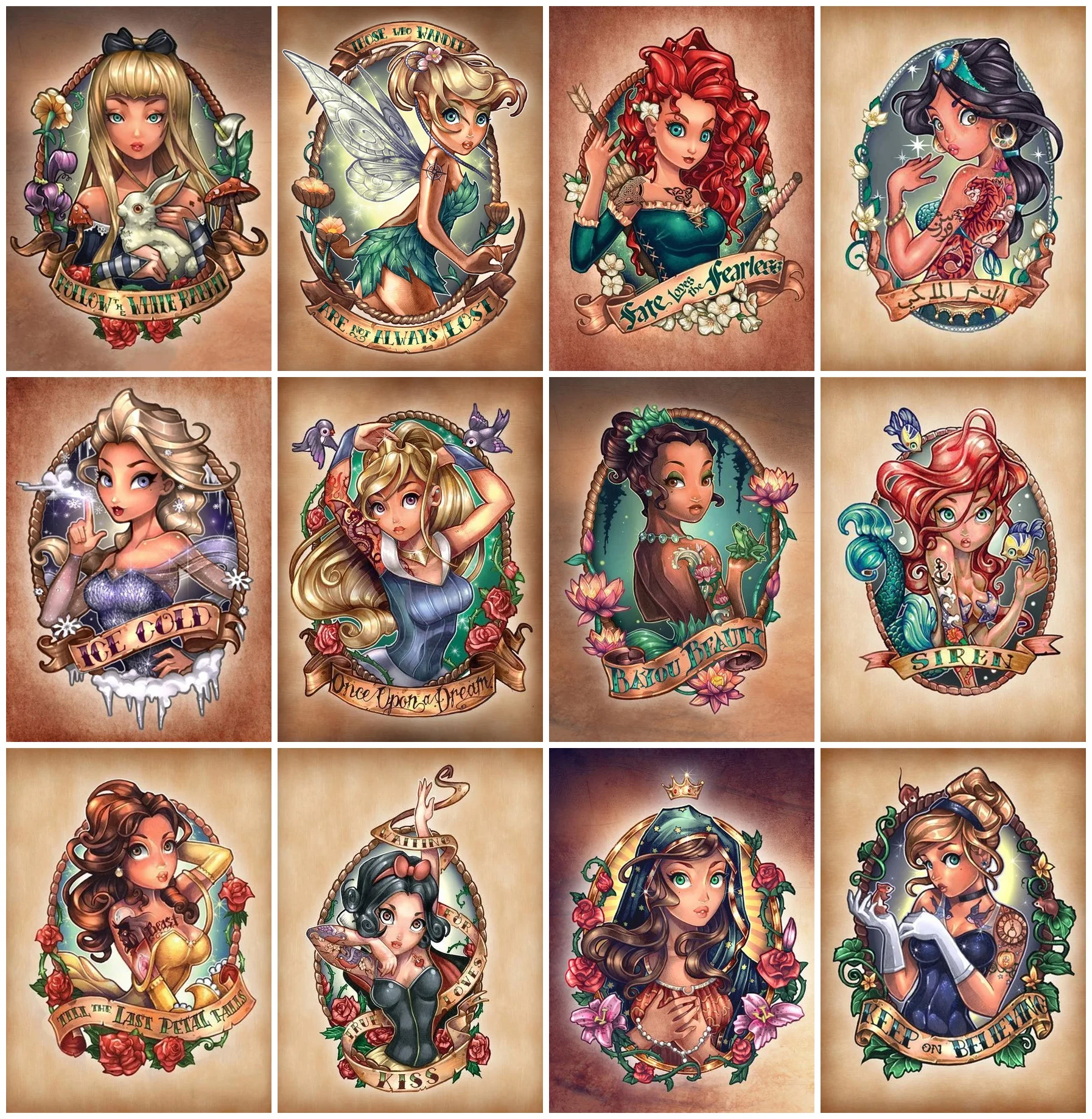 

Disney Princess Diamond Painting Full Square Round Drill 5D Diy Vintage Diamond Embroidery Rhinestone Cross Stitch Kits Decor