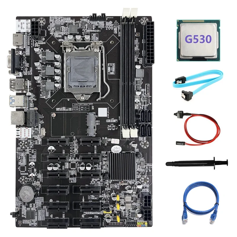 

Материнская плата B75 12 PCIE ETH для майнинга LGA1155 + ЦП G530 + кабель SATA + сетевой кабель RJ45 + кабель переключателя + термопаста