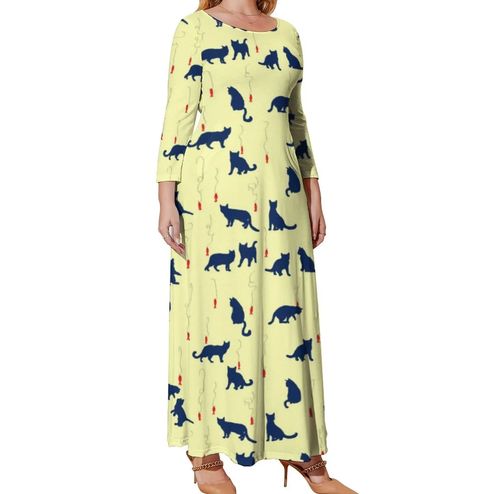 Animal Silhouette Dress Blue Cute Kittens Aesthetic Boho Beach Dresses Woman Long Sleeve Elegant Maxi Dress Plus Size Vestidos