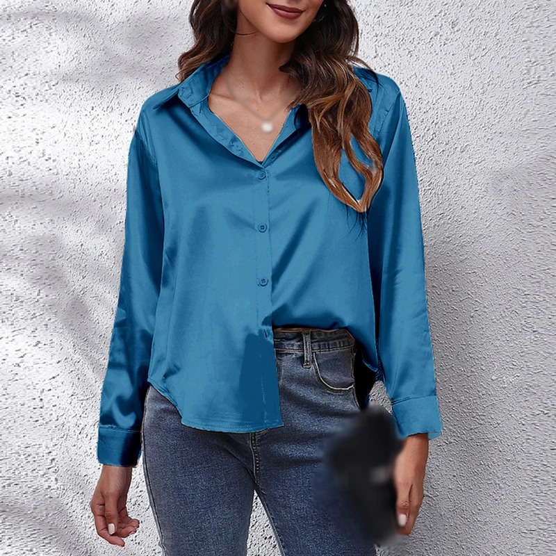 

KOERIM New Fashion Satin Silk Women Shirt Button Up Lapel Long Sleeve Blouse Loose Solid Color Office Lady Commute Tops