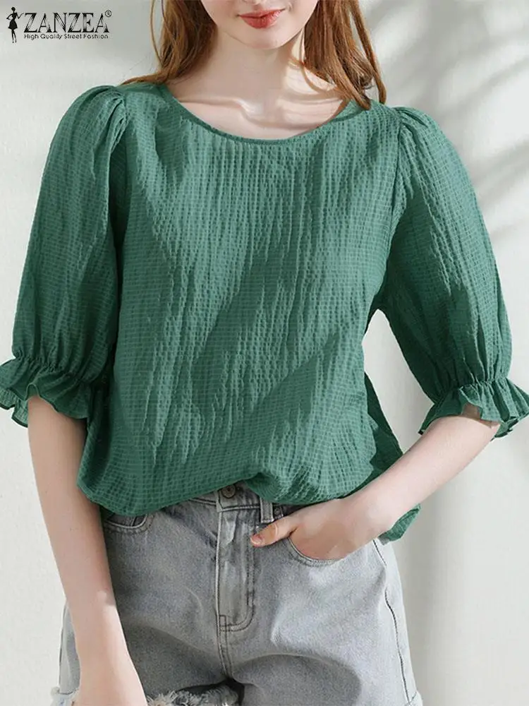 Летняя элегантная рубашка ZANZEA Женская однотонная плиссированная блузка модные