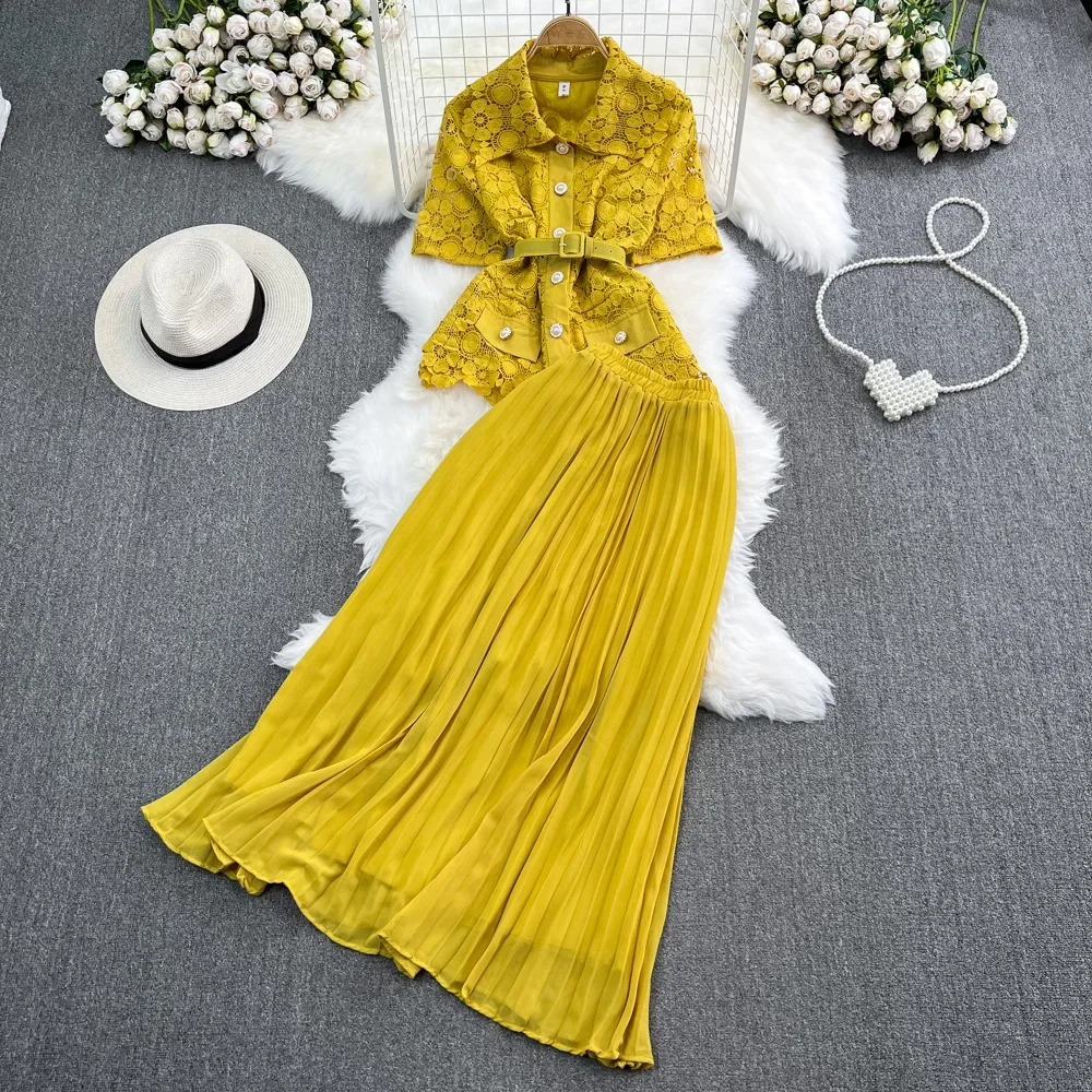 Роскошный легкий свободный костюм с лацканами рубашка и юбка высокой талией