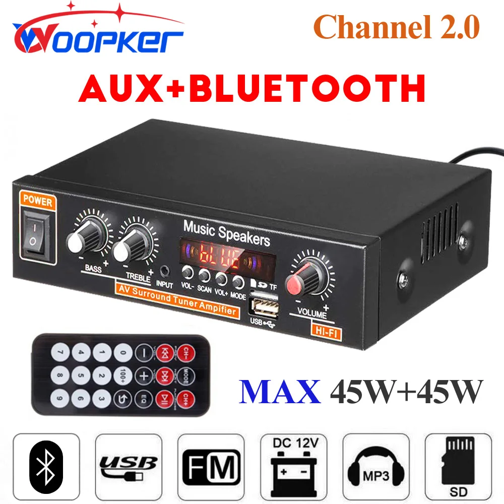 

Woopker Audio Amplifier 45Wx2 Channel 2.0 Digital for Home Car Powerful Bluetooth Hifi Stereo Subwoof AMP Support USB TF FM AUX