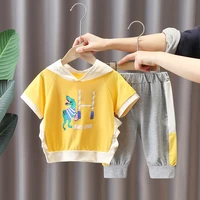 childrens clothing kit 2022 new boys korean fashion cartoon hooded sweater short sleeve pants two piece set