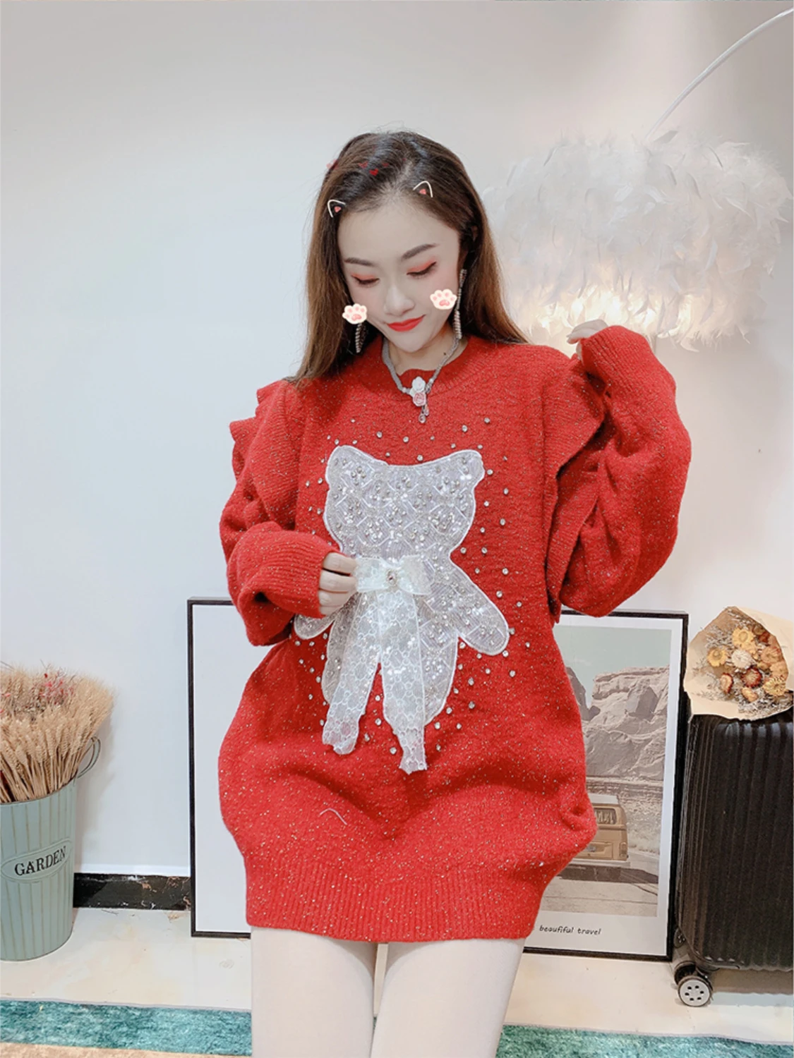 Women's Winter New Korean Fashion Sweet Mid-length Knitted Top Ladies Fairy Elegant Beads Bear Loose Slimming Thickened Sweater