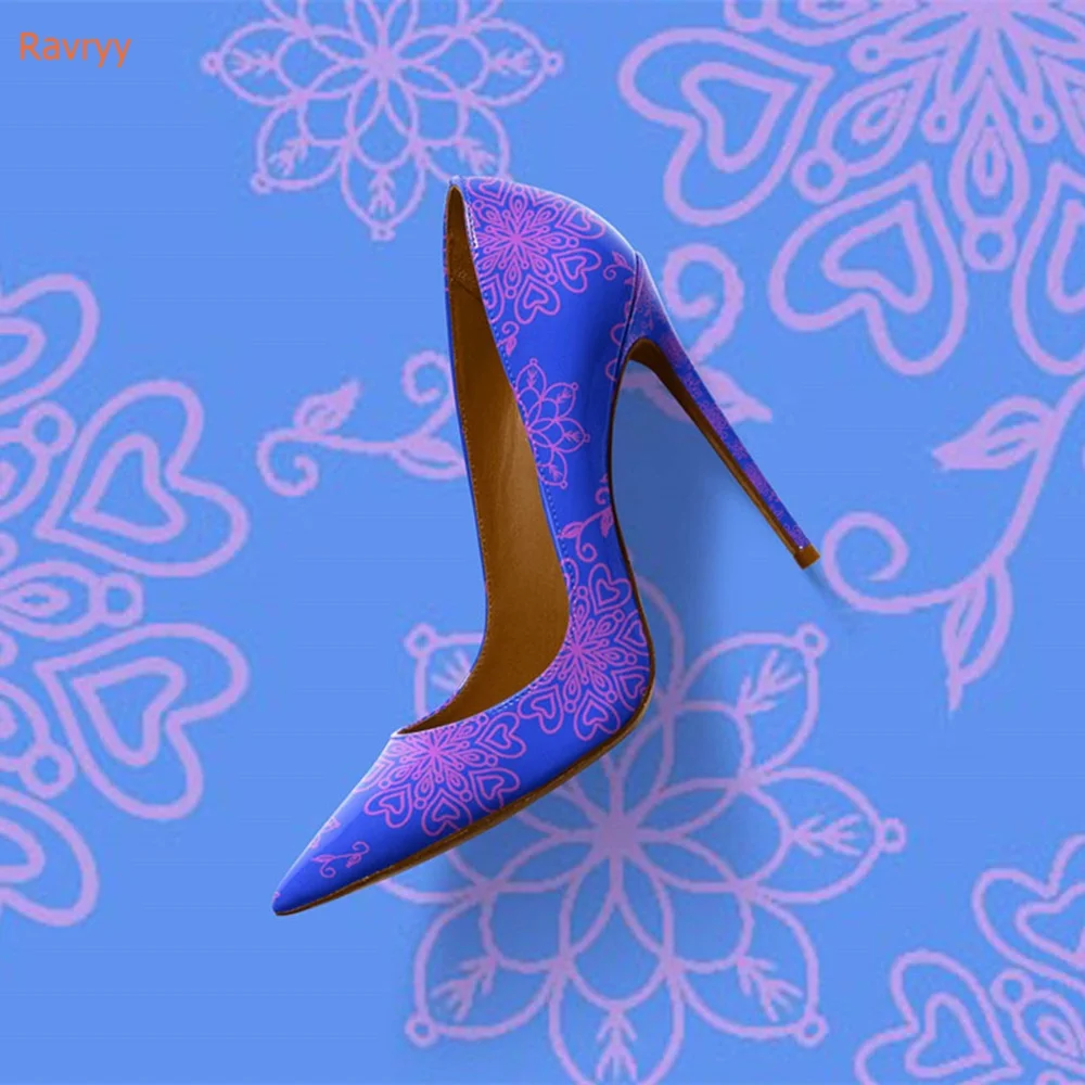 Thin Heels Pointed Toe Shoes Bat Flower Print Patent Leather Women Shoes Slip On Pumps Shallow Party Fashion Shoes