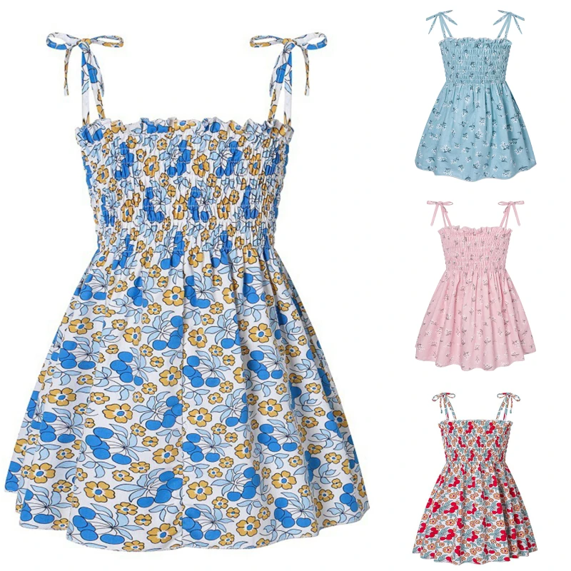 

Summer New Arrival Party Style Clothes Girls Fashion Sexy Dress Red Floral Plaid Children Kids Sleeveless Cotton Short Dresses