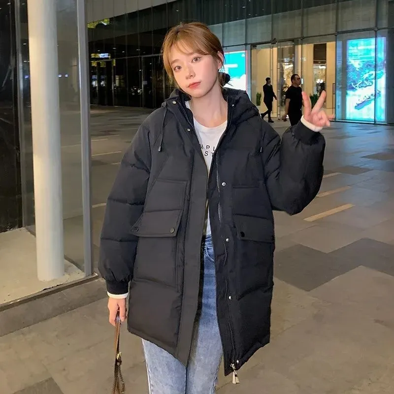 Down Padded Cotton Winter Jackets 2022 New Women's Parka Long Sleeve Pockets Hooded Casual Coats Solid Loose Outwear Female Tops