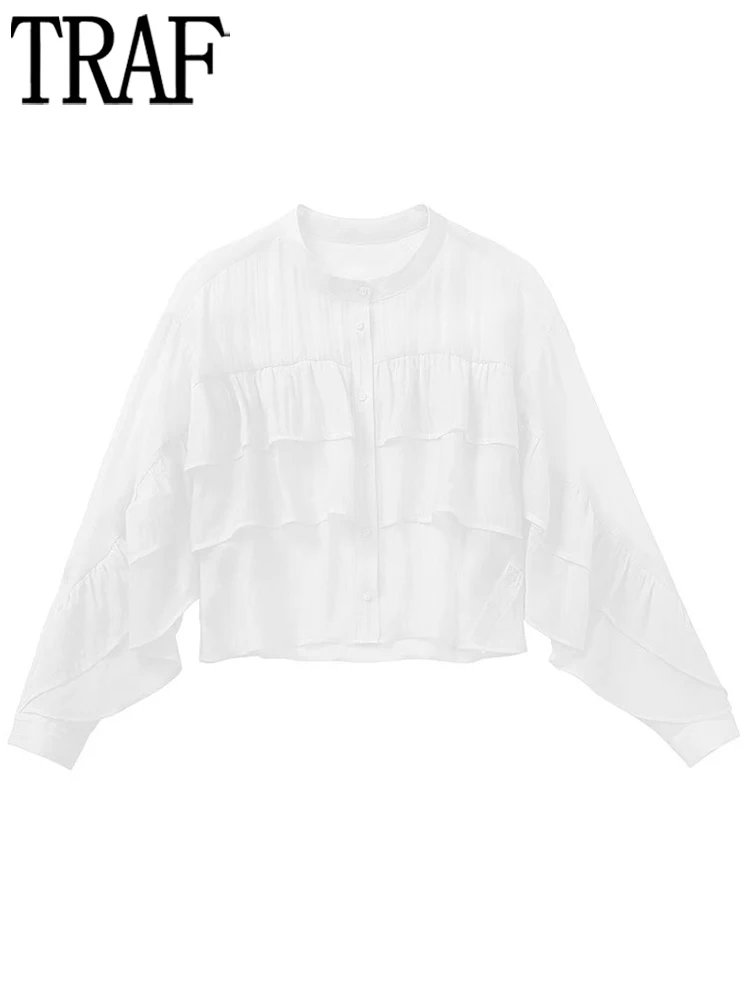 

Блузка женская летняя с рюшами и длинным рукавом, на пуговицах