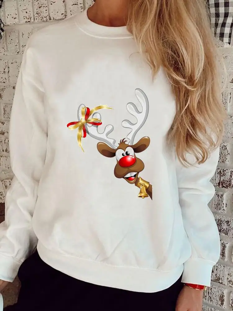 

Deer Cartoon Lovely Style Women Print Pullovers Merry Christmas Graphic Sweatshirts Happy New Year O-neck Fashion Clothing