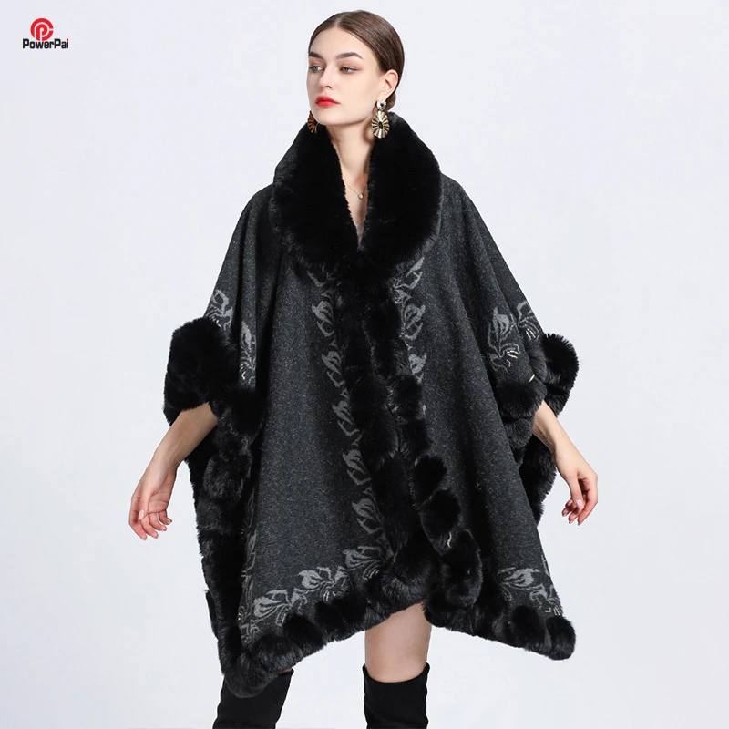 

Fashion Full Trims Handwork Wave Faux Fur Coat Cape Long Loose Jacquard Woolen Blends Overcoat Cloak Women Winter Warm Wraps