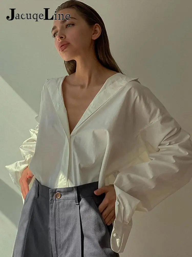 

Jacuqeline 2022 Y2K Casual Fashion Loose V Neck Women Shirts Tops Long Sleeve Spring Summer Elegant Office Lady Blouse Shirt