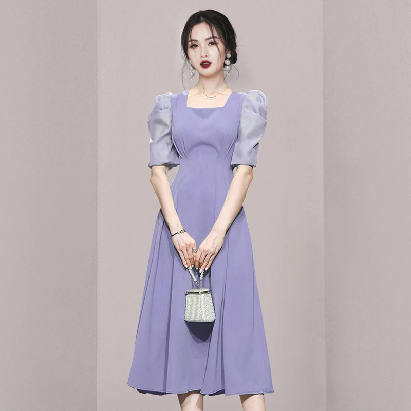 

2022 Summer New Women's High-end Temperament French Square Neck Bubble Sleeve Waist Closing Splicing Medium and Long Dress