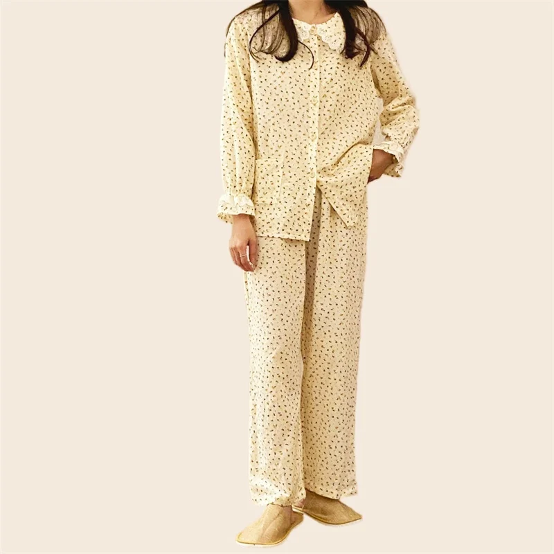Cotton Pajamas Set Full Sleeve T-shirt Long Pants 2Piece/Set Autumn Sexy Lace Flower Print Pyjama Big Size Mom Homewear Cozy PJS