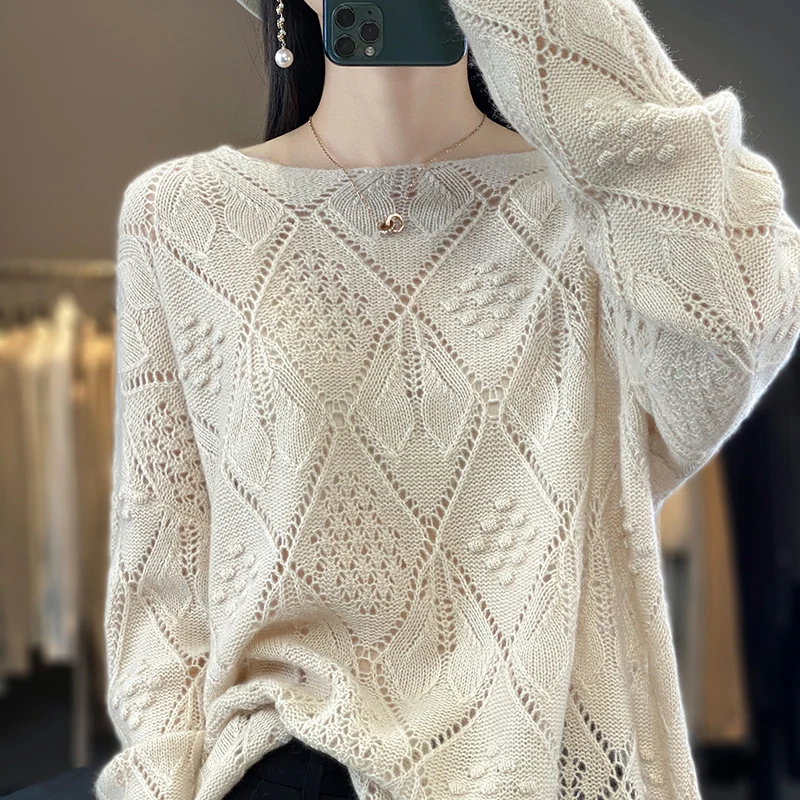 

23 Spring and Autumn New Women's Pullover 100% Wool Round Neck Long Sleeve Hooked Flower Hollow Knit Loose Top