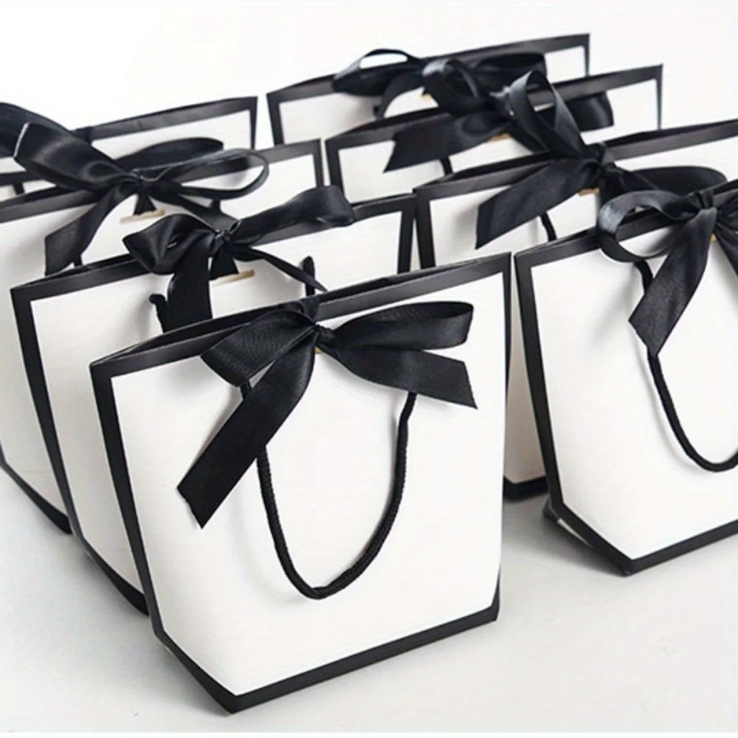 10 Pcs Elegant White Paper Gift Bags with Black Border and Bow Ribbon - Perfect for Shopping Parties Special Occasions