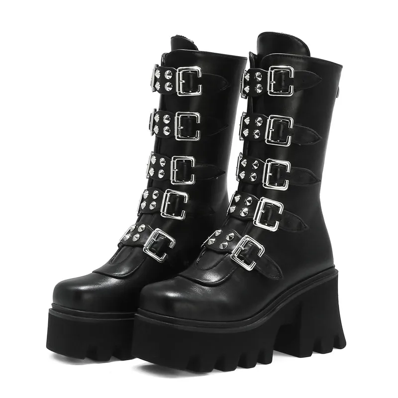 

Winter Gothic Punk Womens Platform Boots Black Buckle Strap Zipper Creeper Wedges Shoes Mid Calf Military Combat Boots 2022 New