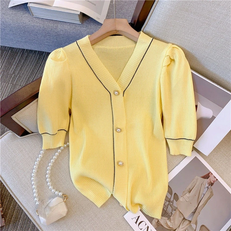

V-neck Puff Sleeve Slim Cardigan Women Single Breasted Solid Color Casual Knit Small Fragrance Sweaters Simple All-match Jumpers