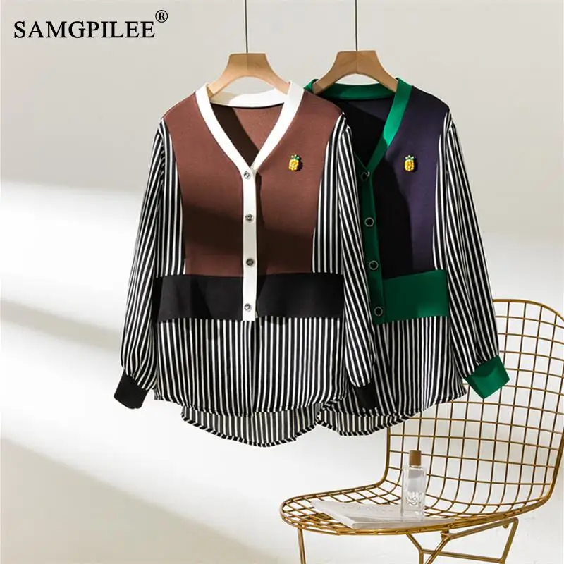 Fashion Woman Blouses 2022 New Classic And Sweet Vertical Stripe Colorblock V-neck Single-breasted College-style Shirt Cardigan