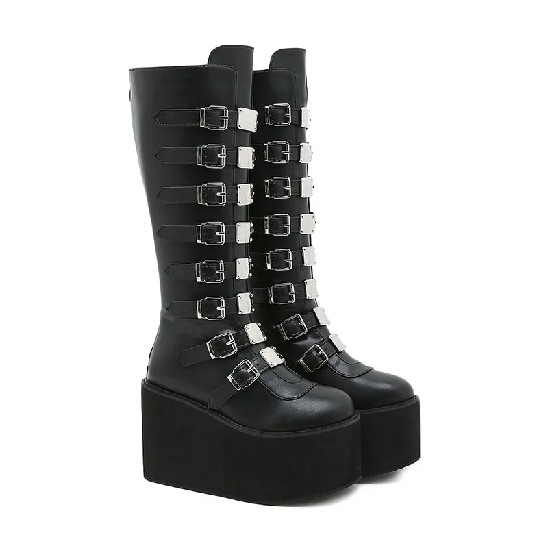 

Женские Модные сценические ботинки для ночного клуба, высокие ботинки с металлической пряжкой, женские длинные ботинки из мягкой кожи