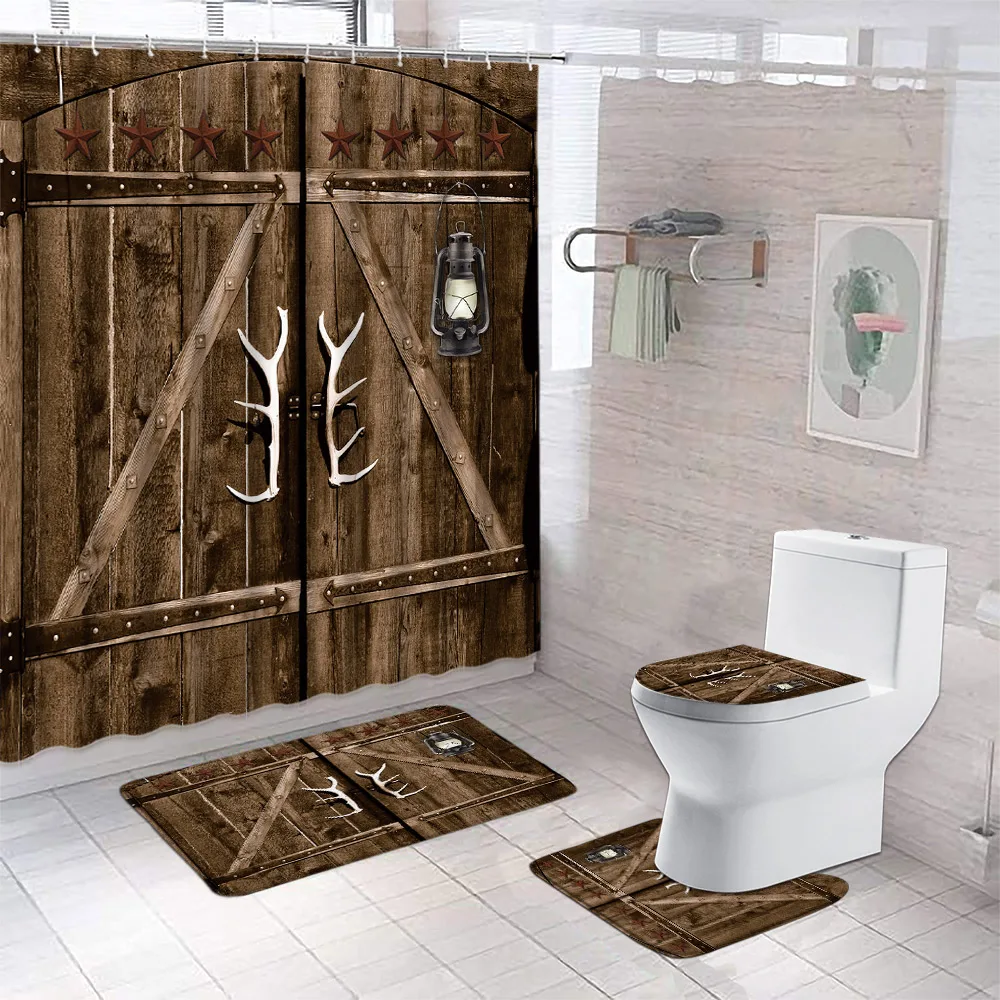 

Занавеска для душа с деревянными дверями и противоскользящим ковриком