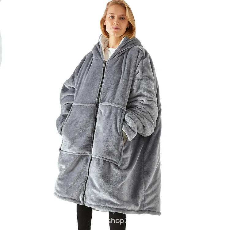 Winter Warm Women Coral Fleece Robe Thick Nightgown Flannel Hooded Bathrobe Sleepwear with Pocket Loose Homewear Lounge Wear