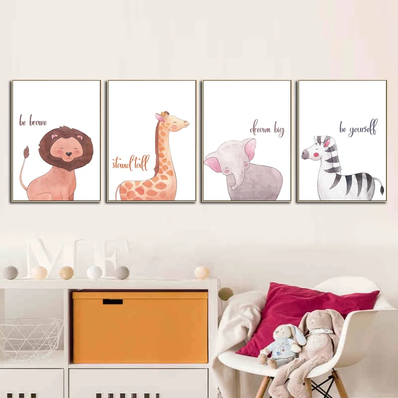 

Modern Minimalist Nordic Cartoon Animal Lion Elephant Zebra Wall Art Canvas Painting Posters For Kids Room Nursery Home Decor