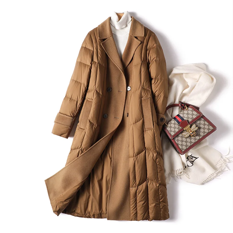 Long Duck Jacket Women 90%  White Goose Down  High Street  Thin  Double Breasted  Hat Detachable  Spliced  Abrigos Mujer