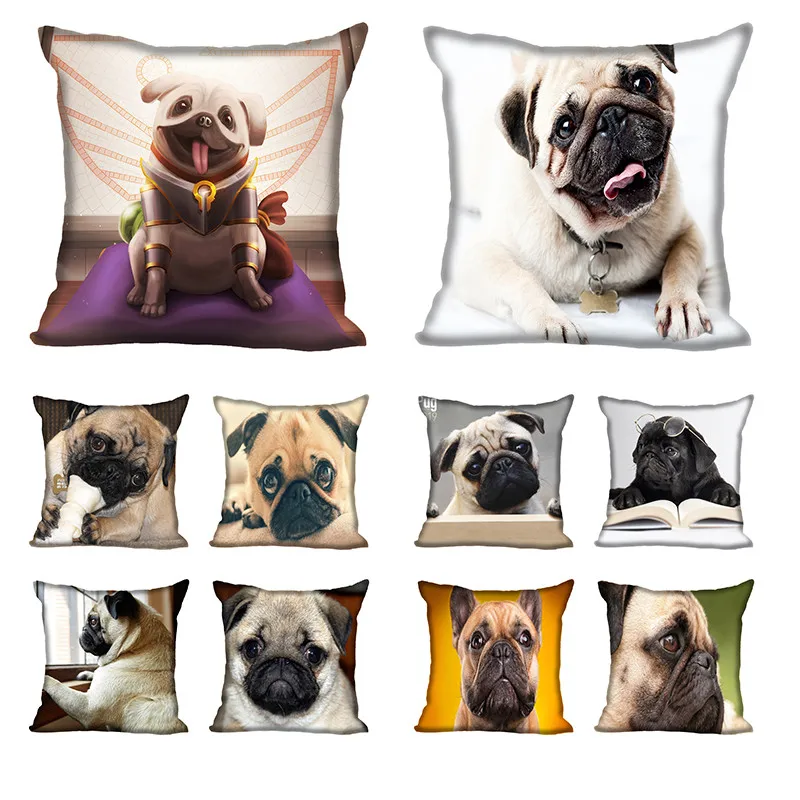 

Шелковая наволочка на заказ с милыми мопсами, двусторонняя печать, подарок для дома, гостиной, Индивидуальный размер 45x45