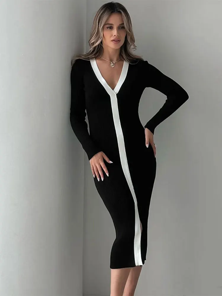 

Женское трикотажное контрастное платье в рубчик, элегантное вязаное крючком платье с длинным рукавом в стиле пэчворк, модное платье для поездок и улицы