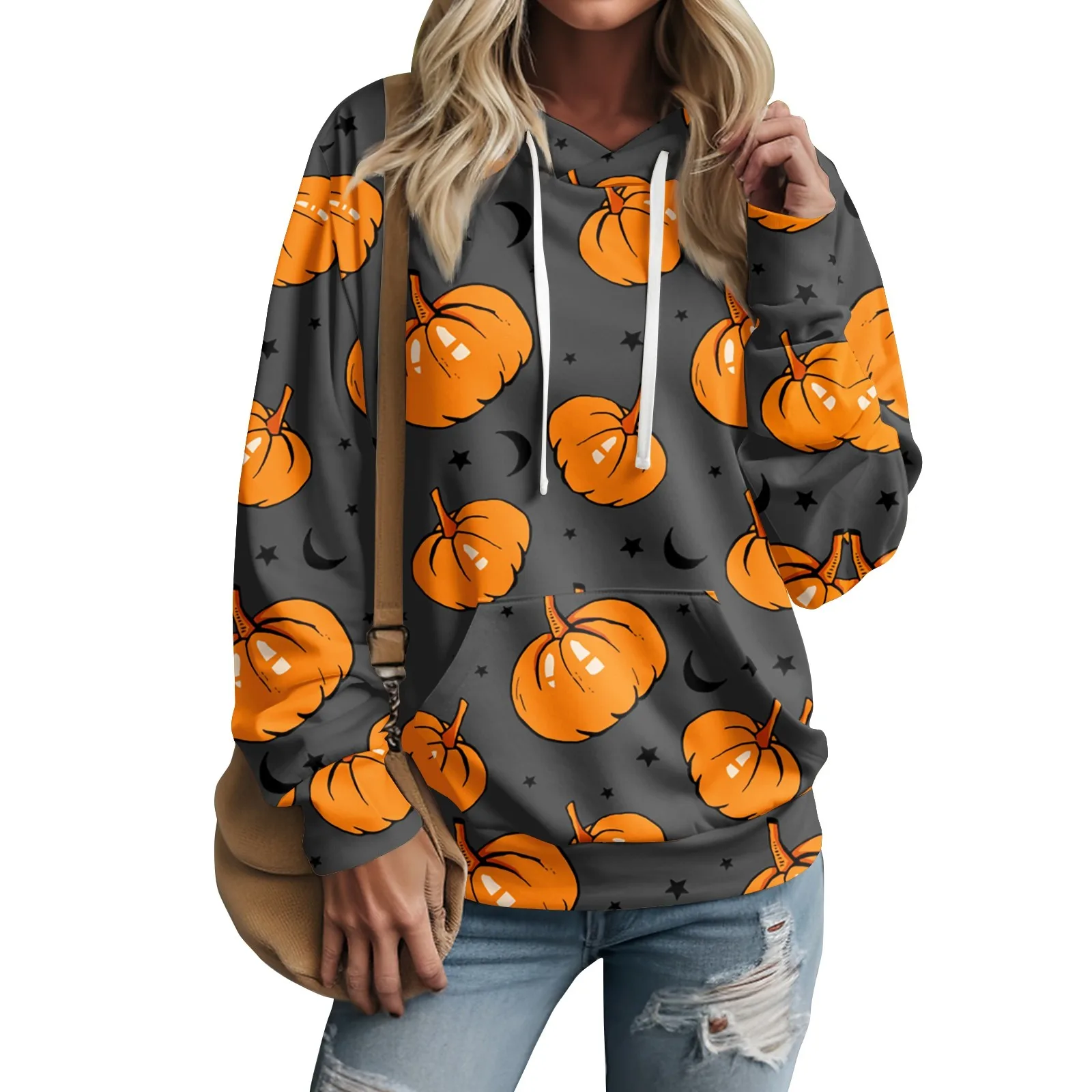 

Женская толстовка с капюшоном, свитшот с длинным рукавом и кулиской в виде тыквы на Хэллоуин, осень 2023