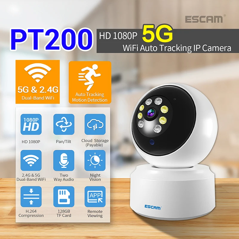 

ESCAM PT200 HD 1080P WIFI IP Camera 2.4Ghz+5Ghz Mobile Tracking WIFI Cloud Storage Two-Way Voice Smart Night Vision Security Cam