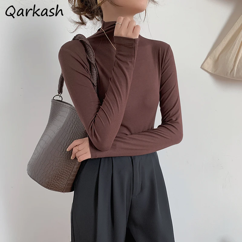 

T-shirts Women Skinny Y2k Solid Inside Basic Long Sleeve Tops Stylish Camisetas Fit Cozy Ulzzang Hot Selling Simple Young Ladies