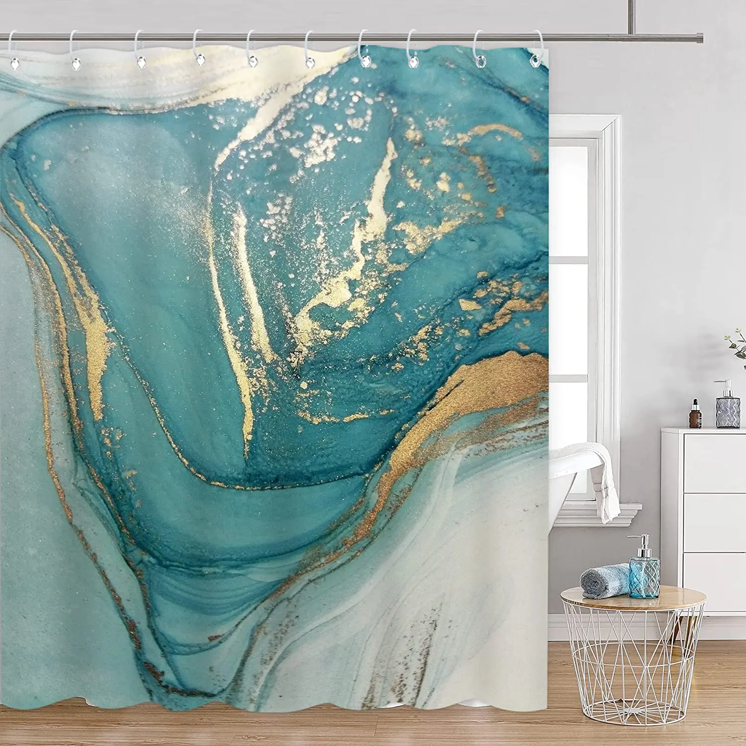 Abstract Modern Turquoise Aqua Blurry Texture Crack Luxury Bath Curtains Bathroom Decor With Hooks